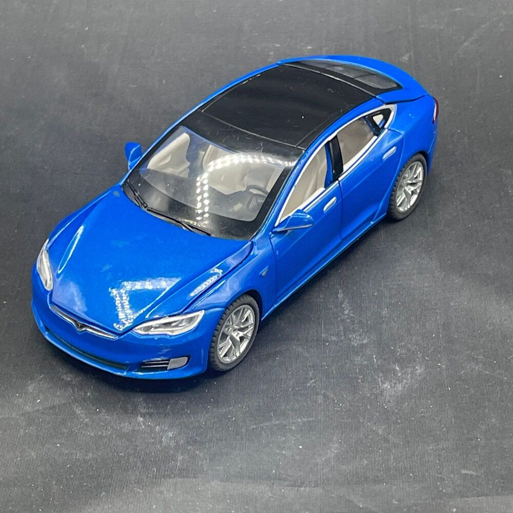 Blue Tesla Model S Diecast Toy Car Open Doors Hood Trunk Sound, Motion, & Light